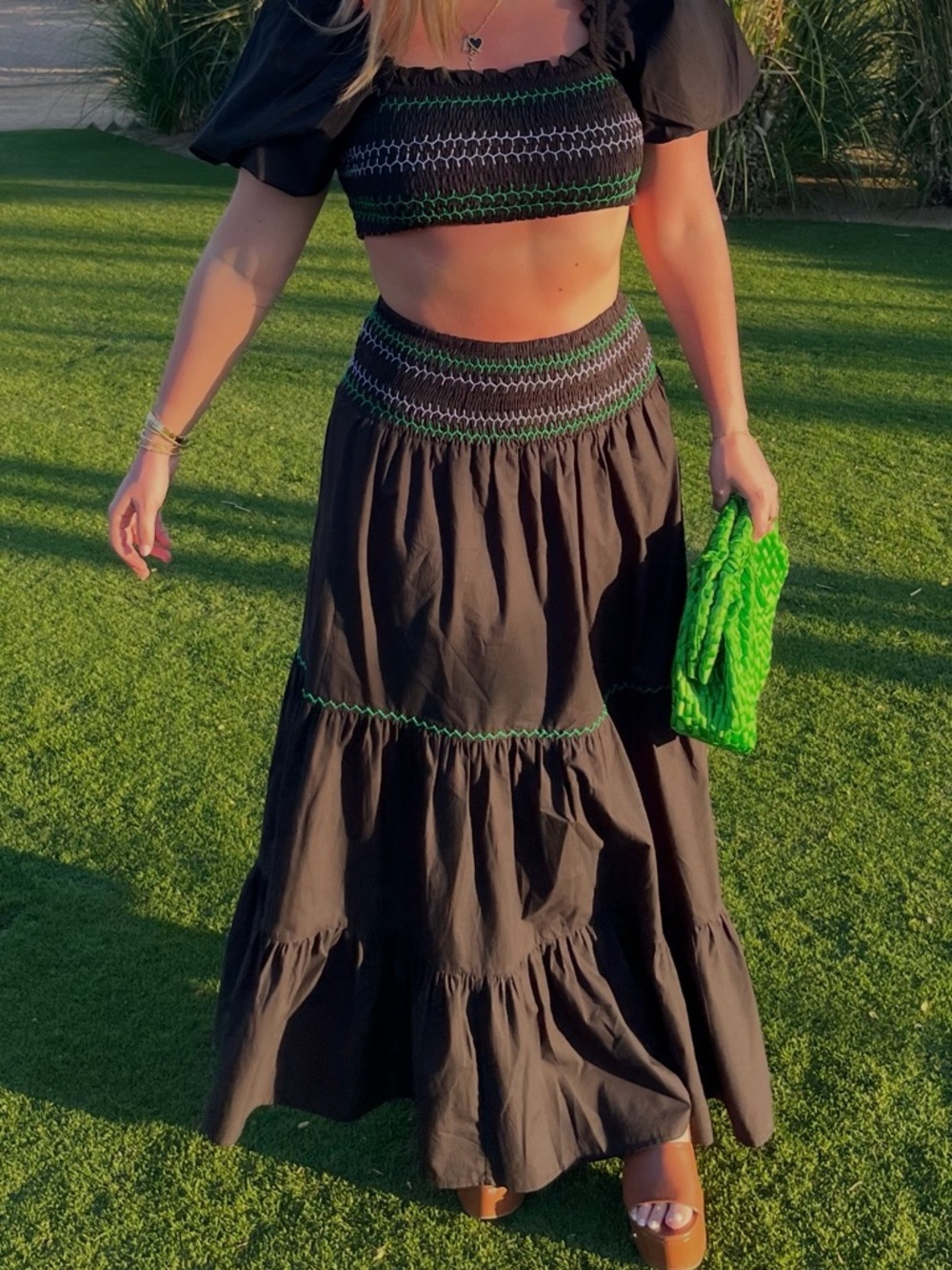 Banjanan Black Maxi Skirt with Green Stitching